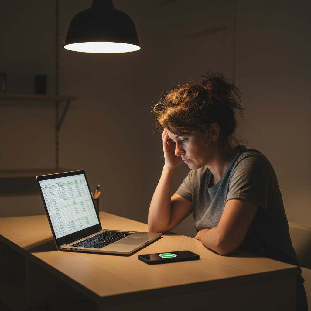 Pequeno empresário cansado à noite no caixa com planilha aberta no laptop e notificação discreta no WhatsApp