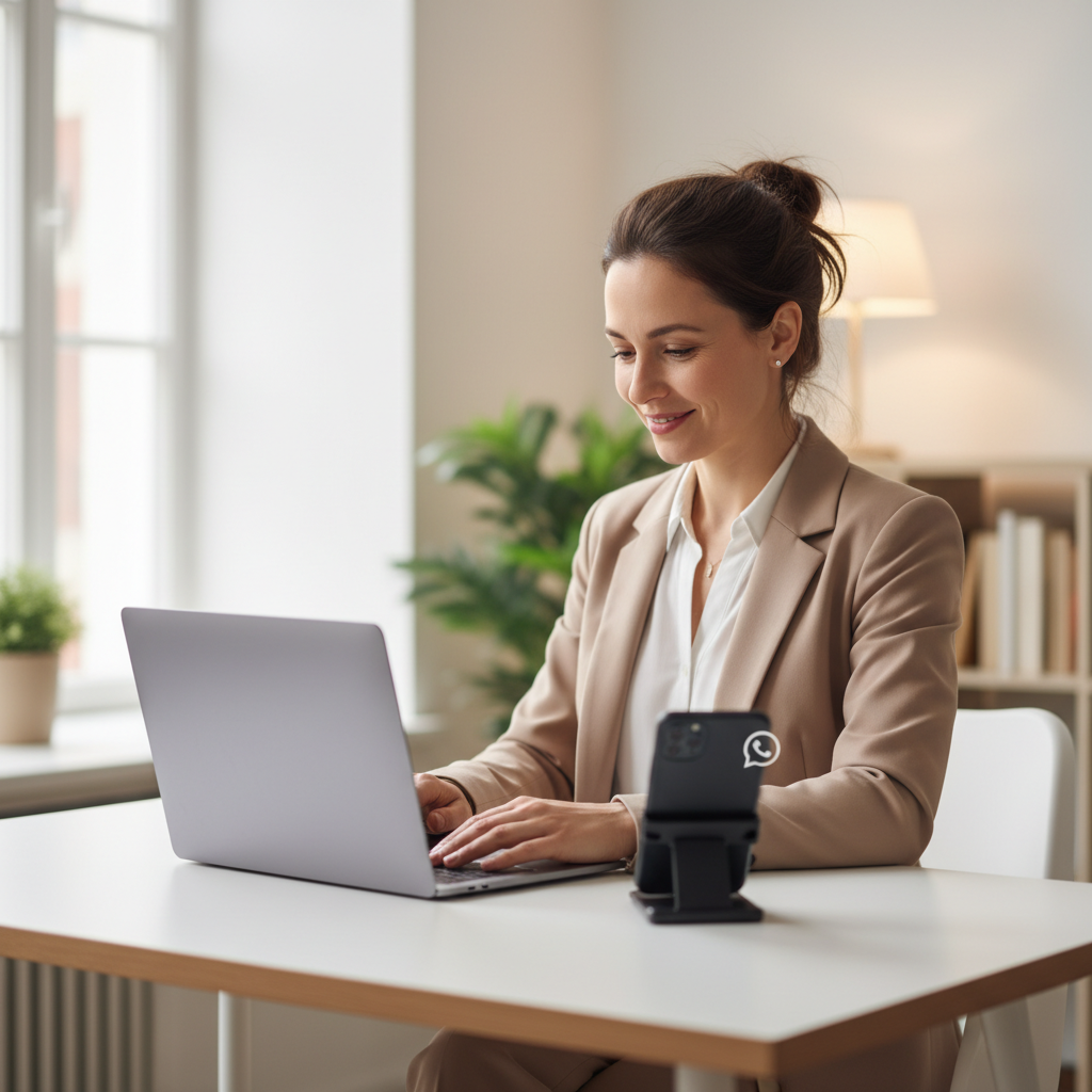 IA para Corretores de Seguros: Produtividade e Vendas A single insurance broker at the end of the day, seated at a minimal desk, closing a laptop with a calm, relieved expression