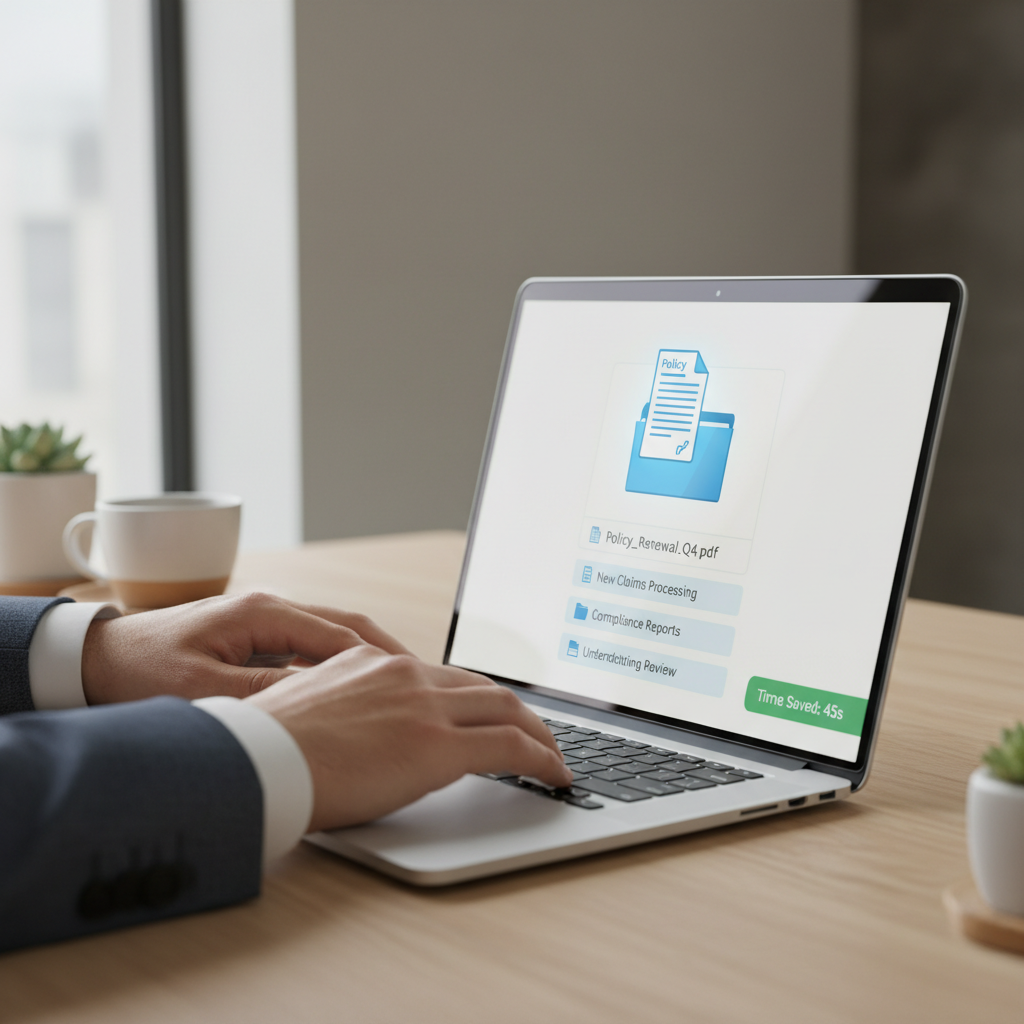 IA para Corretores de Seguros: Produtividade e Vendas One insurance broker using a laptop to drag-and-drop a single document into a neatly labeled digital folder on screen