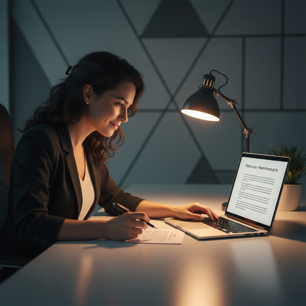 IA para Advogados: Revolução na Advocacia em 2026 A Brazilian lawyer in their 30s, alone at a minimalist desk at night, calmly reviewing a legal document on laptop screen, conveying relief and regained control through AI productivity