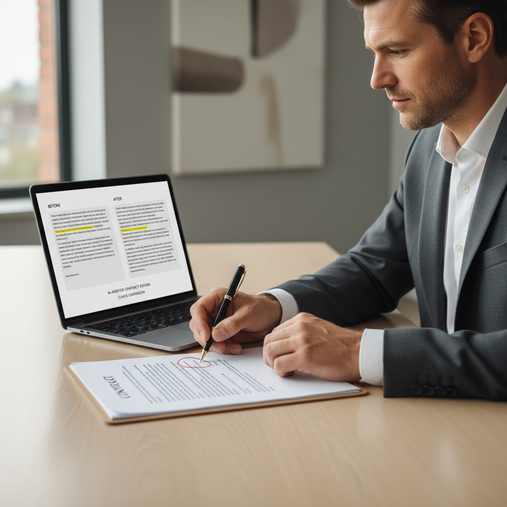 IA para Advogados: Revolução na Advocacia em 2026 A lawyer marking up a contract page with a pen while glancing at a laptop showing highlighted clause comparison, emphasizing AI-assisted contract review