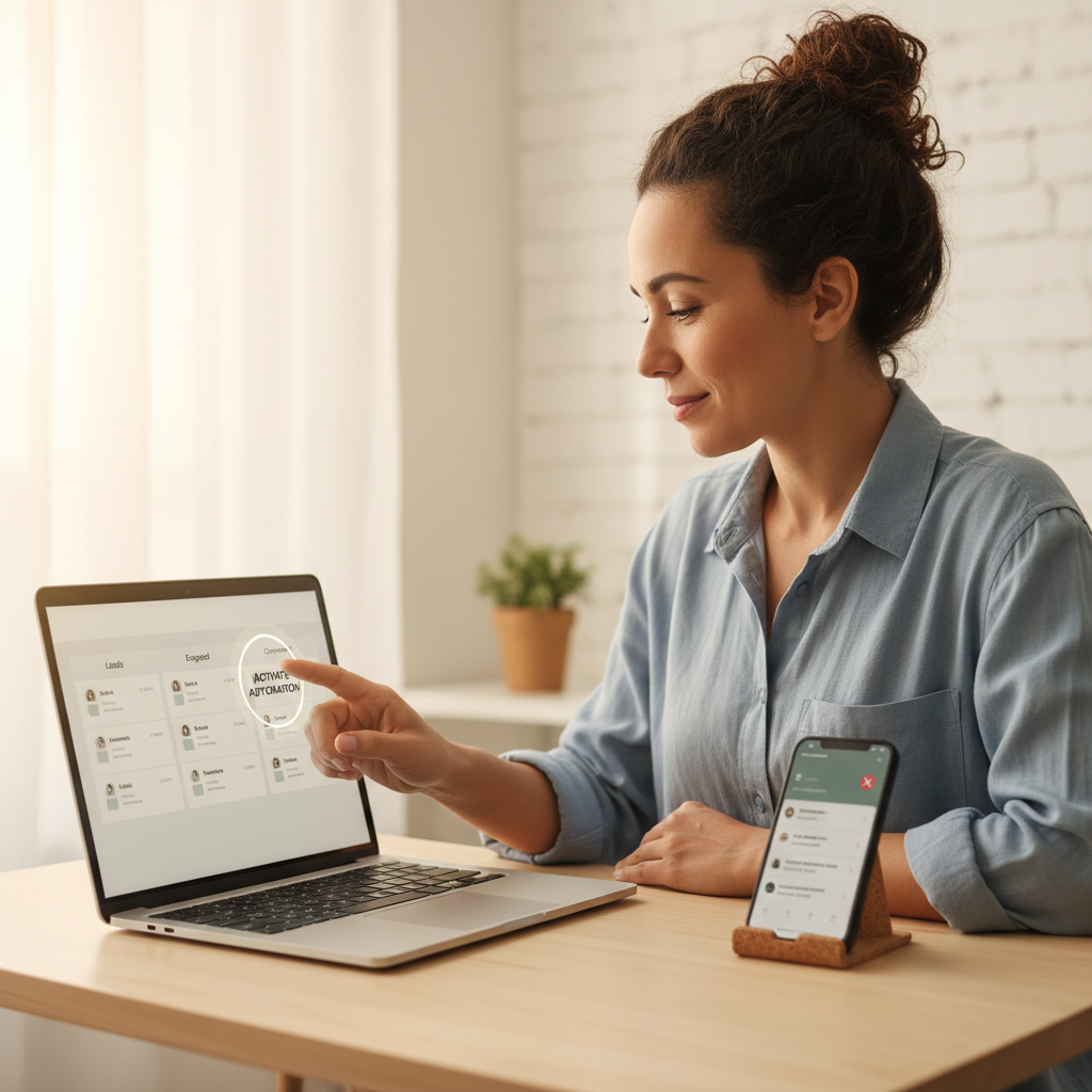 Pequeno empresário brasileiro ativando automação no laptop com dashboard de vendas ao fundo