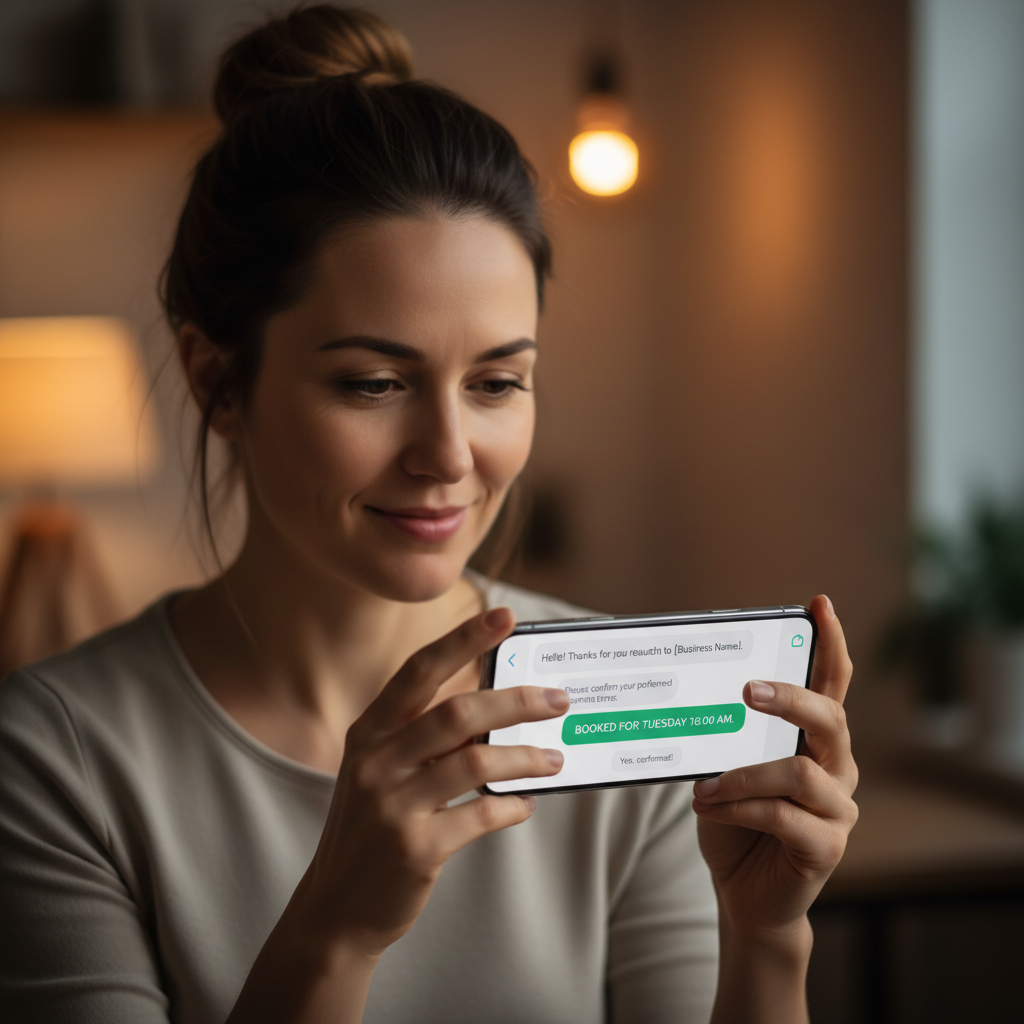 Pequeno empresário feliz conferindo confirmação automática de agendamento em chatbot no smartphone