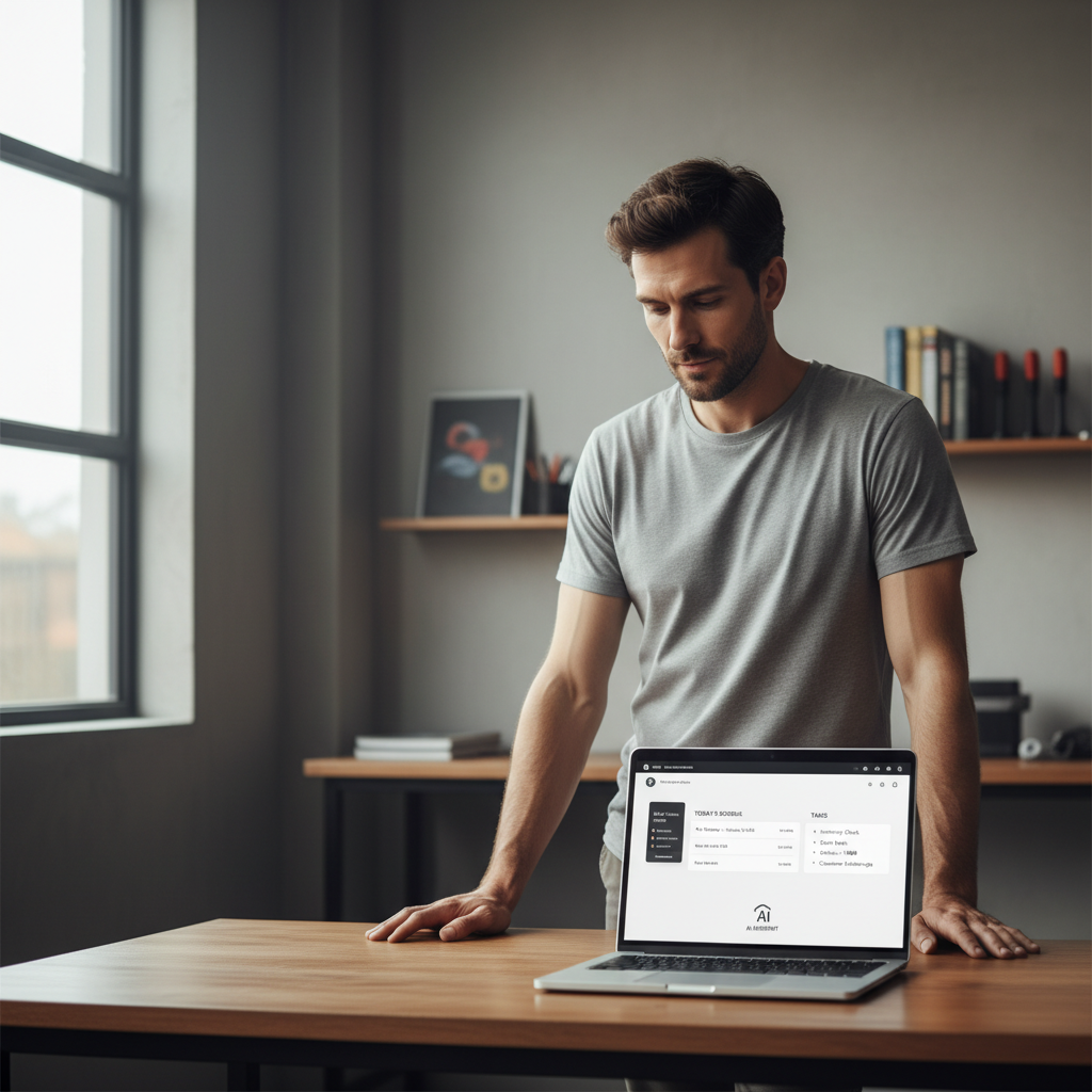 IA para Oficinas: Rotina Mais Leve Dono de oficina cansado com camiseta manchada de óleo usando laptop com dashboard IA organizando a rotina