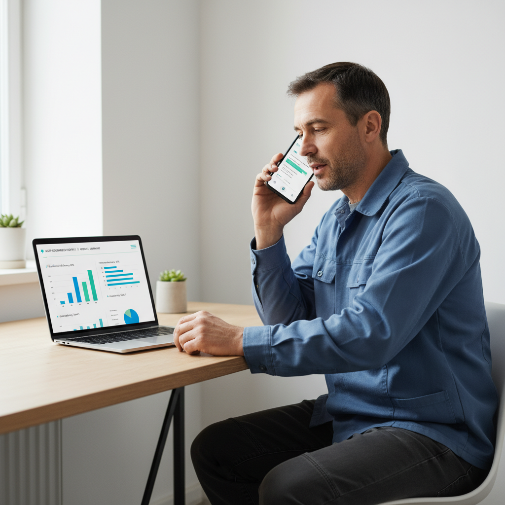 IA para Oficinas: Rotina Mais Leve Dono de oficina ditando mensagem no smartphone enquanto observa relatório automático no laptop