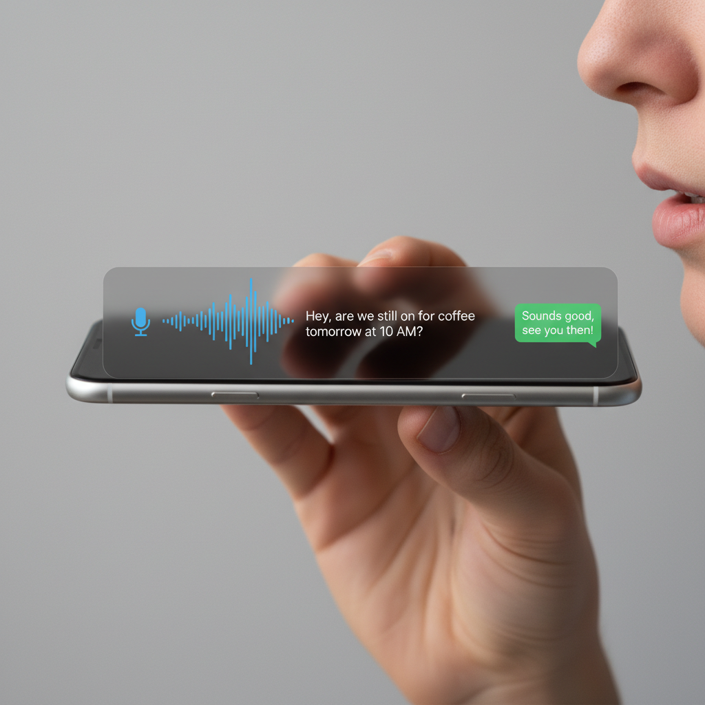 Pessoa segurando smartphone e gravando áudio no WhatsApp com sobreposição mostrando onda sonora virando texto e depois resposta gerada