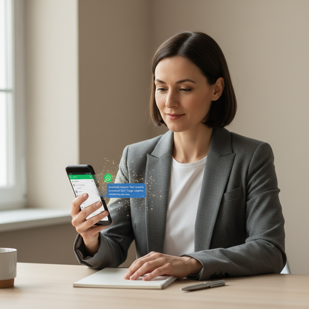 Profissional sentado olhando calmo para smartphone enquanto mensagem de voz no WhatsApp vira resposta rápida em texto