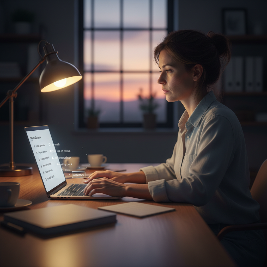 Automação com IA para Pequenas Empresas Um empresário cansado após o expediente, pensando em automatizar tarefas