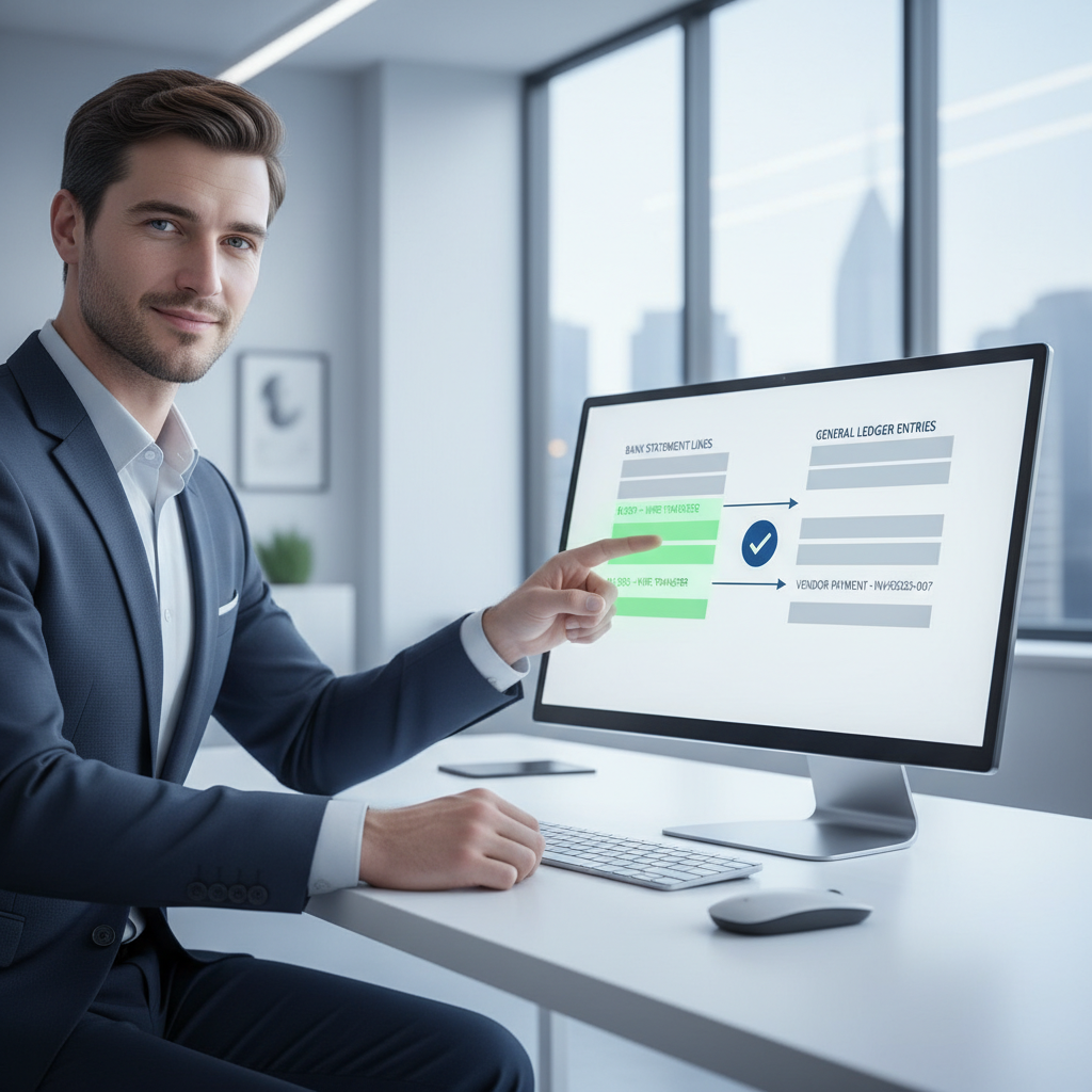 Contador apontando na tela do notebook correspondência entre extrato bancário e lançamentos contábeis