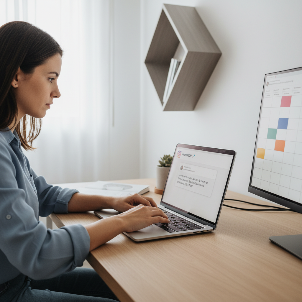 Profissional de pequena empresa sentado diante do computador criando conteúdo de marketing com agilidade, digitando uma legenda para redes sociais