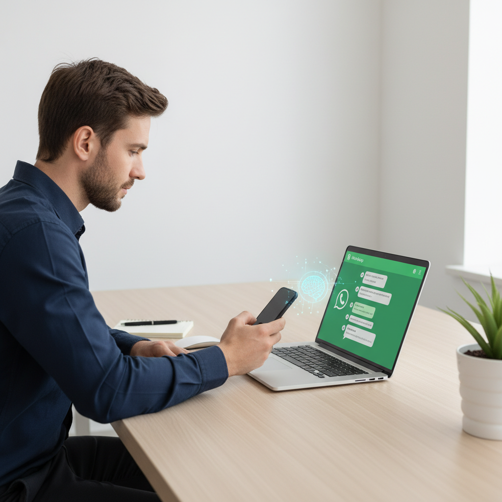 Empreendedor autônomo respondendo clientes com rapidez pelo WhatsApp no notebook ou celular, expressão concentrada e segura