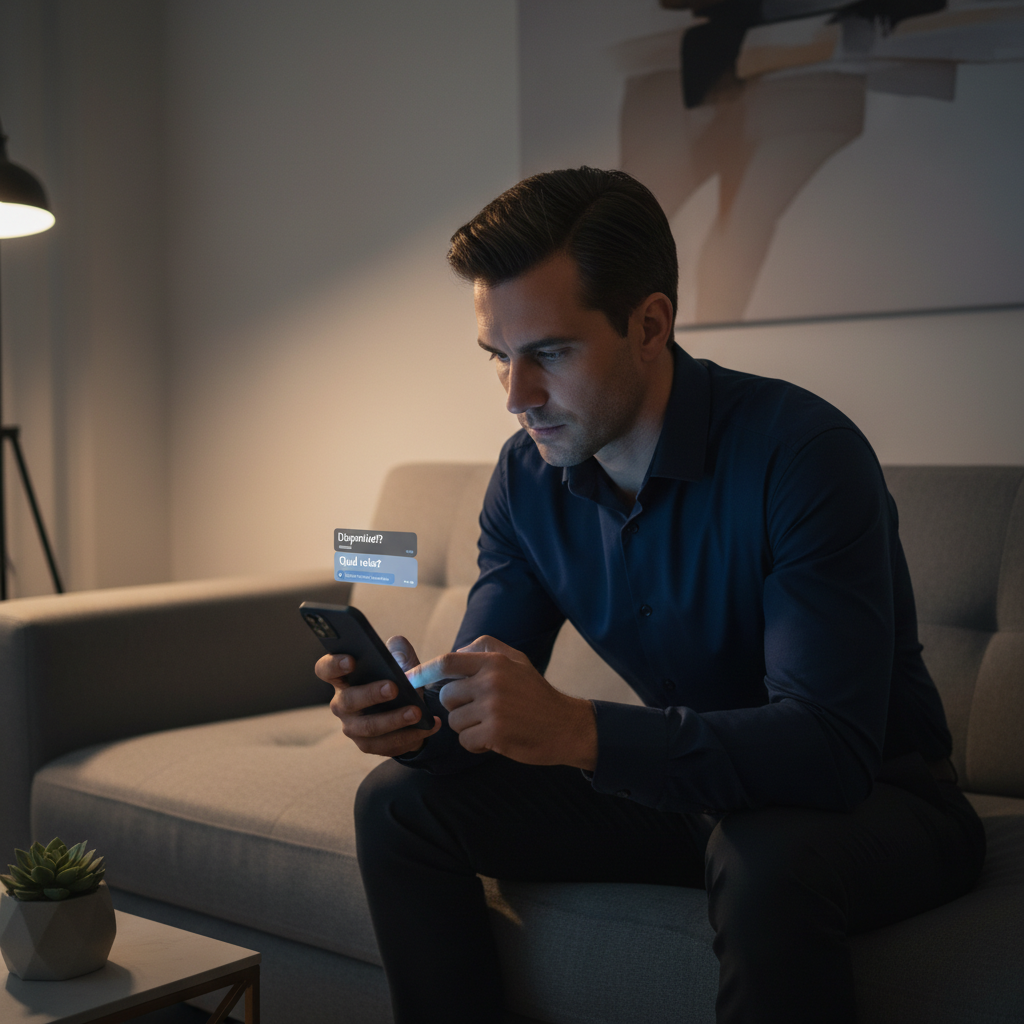 Corretor de imóveis sozinho no sofá à noite olhando para o celular e respondendo mensagens de clientes