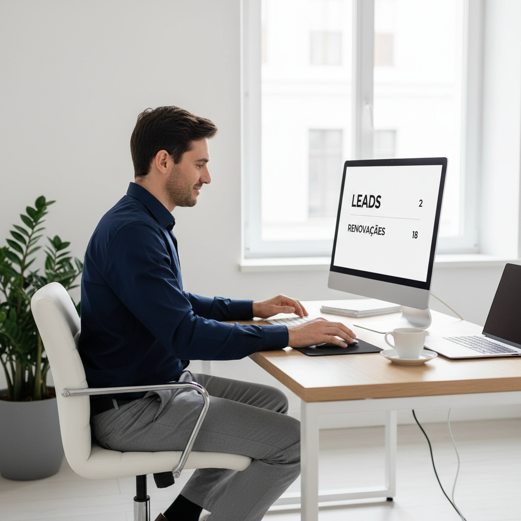 Corretor de seguros sozinho, sentado em mesa limpa, organizando o atendimento no computador com tela mostrando Leads e Renovações