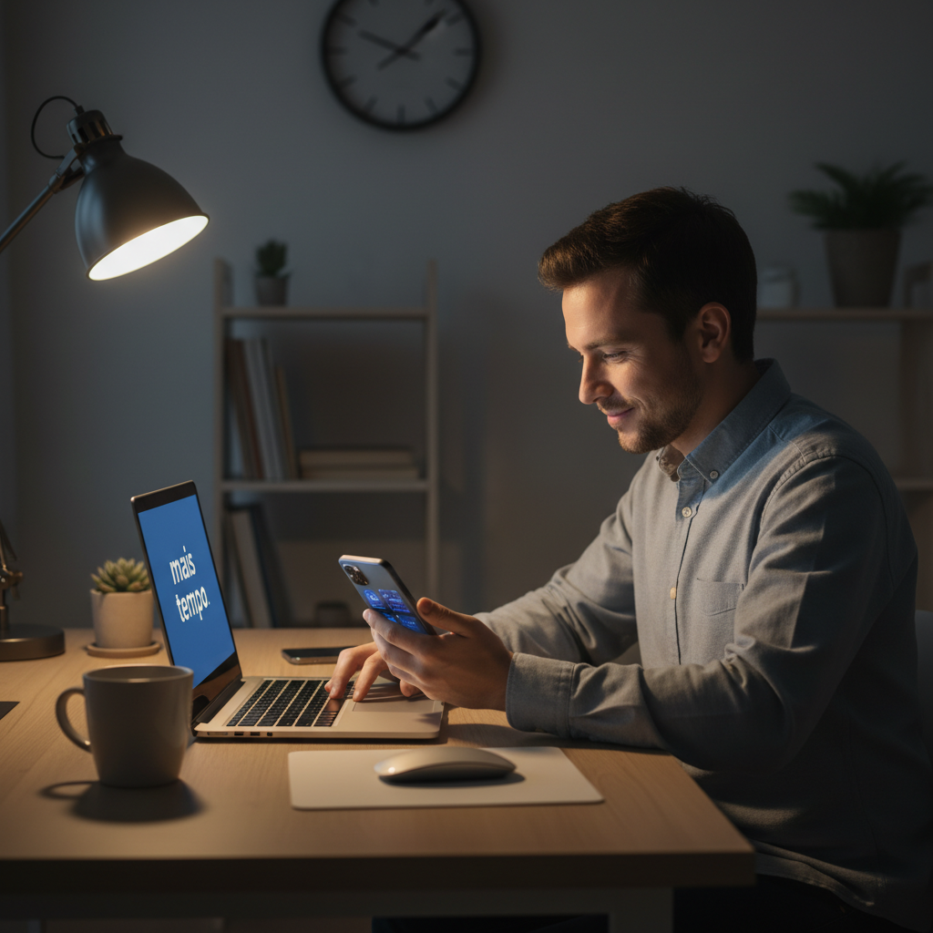 Empreendedor sozinho à noite organizando o trabalho com IA no notebook, olhando para uma tela limpa com poucas palavras como atendimento, vendas e tarefas