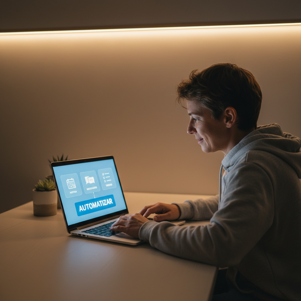 Empreendedor de pequeno negócio sozinho à noite organizando agenda, mensagens e tarefas com automação