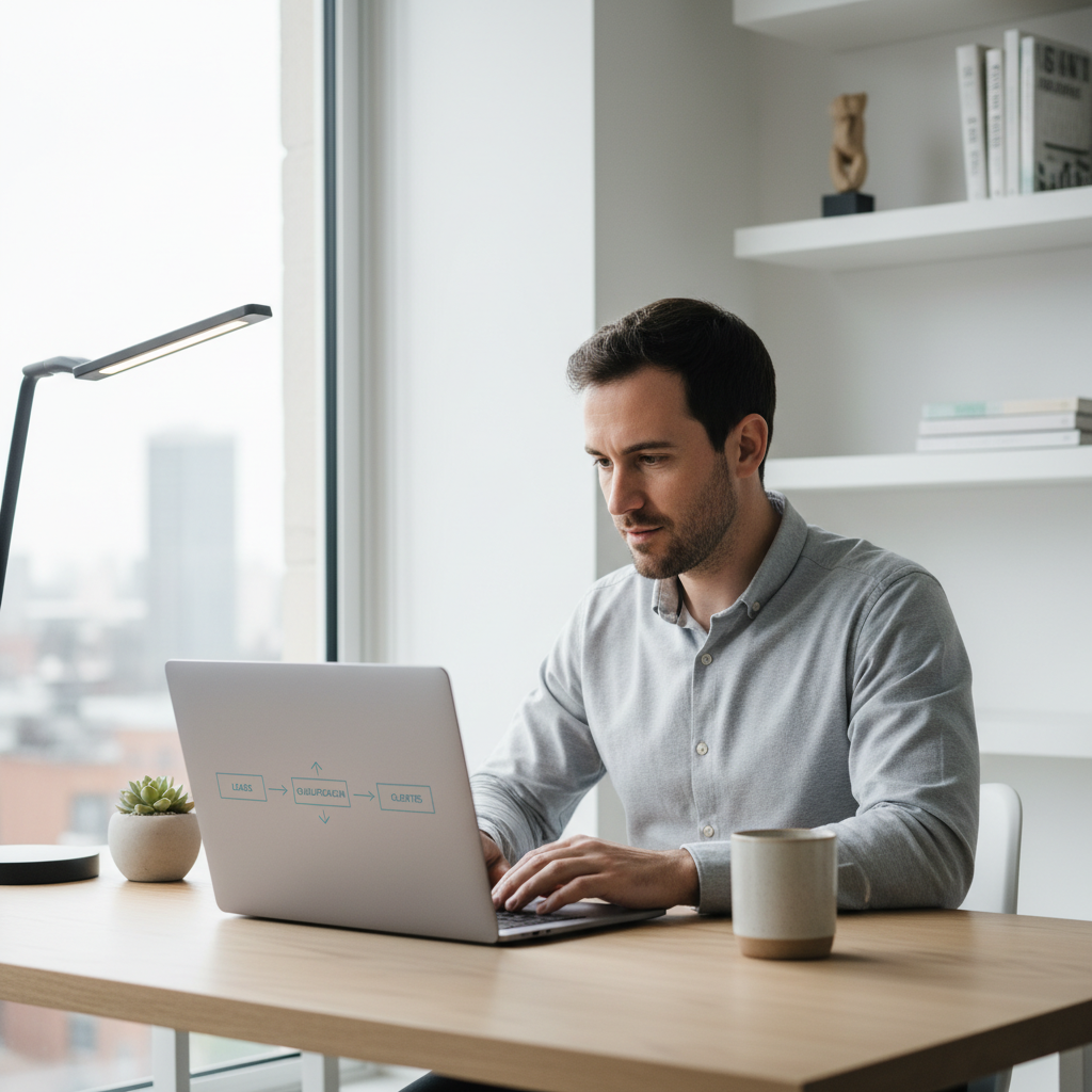 Empreendedor sozinho em uma mesa minimalista, analisando no notebook um funil simples de captação de clientes